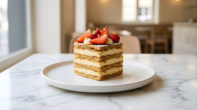 Delicious strawberry mille-feuille dessert with cream on a marble table