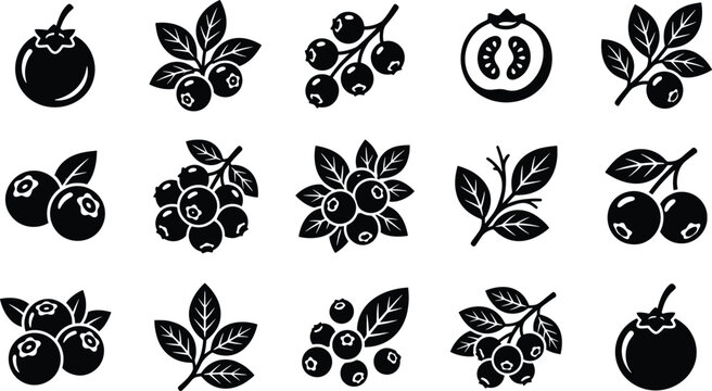 Black blueberry icons set, 15 berry vector elements with leaves, minimalist forest fruit silhouettes for organic food packaging and menu design