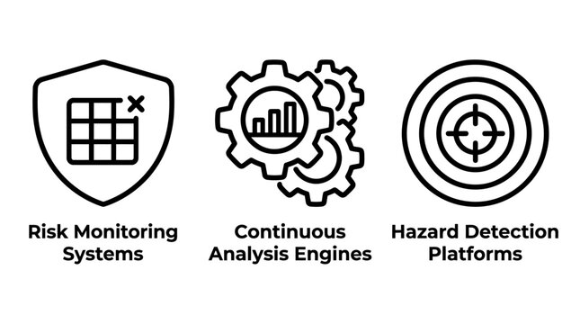 Business risk monitoring and continuous hazard detection data analysis icon set with monitoring detection analysis business security management protection assessment intelligence operations