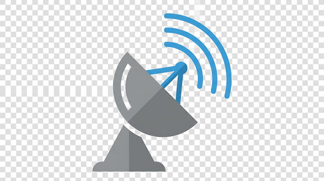 Satellite dish with blue signal waves emitted with waves transparent background gray satellite dish emitting telecommunication transmission with technology