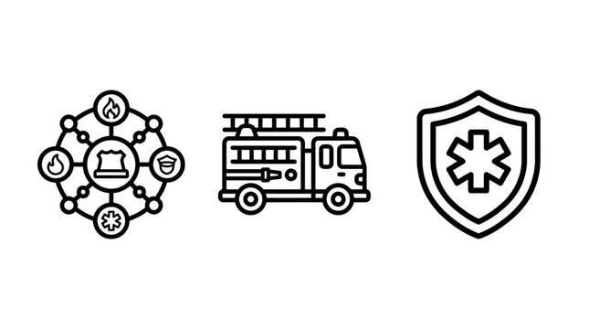 Emergency services line icons featuring fire protection fire engine truck medical shield symbol first aid emergency response emergency services protection ambulance firefighter transport