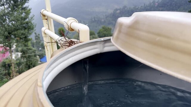 Water Being Filled into Rooftop Water Tank for Domestic Storage, Reliable Household Supply and Daily Water Management System