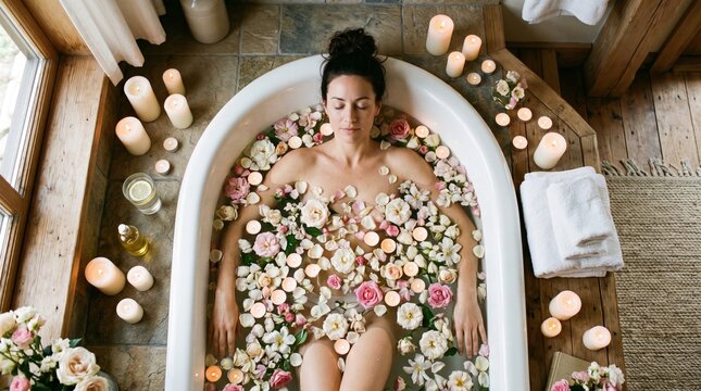 beautiful young woman taking bath with flowers and lit candles