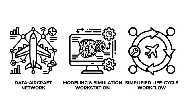 Aircraft data network and simulation workflow icons with aircraft simulation workflow modeling workstation lifecycle maintenance engineering aerospace aviation technology optimization