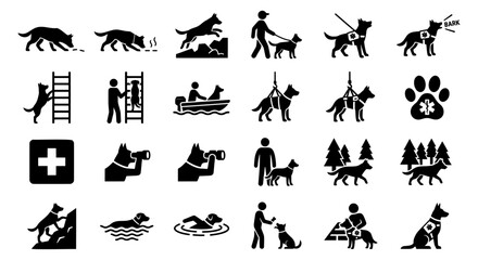Fototapeta premium Search and rescue dog icons set, 24 professional service animal pictograms. K9 police training and emergency response dog silhouette symbols.