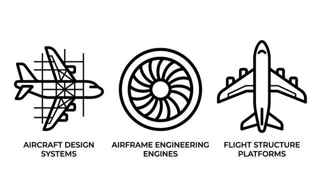 Aircraft design engineering systems and flight structure platforms icons with aircraft engineering aviation airplane aerospace structure technology technical industry mechanical drafting
