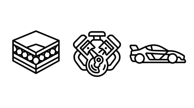 Automotive engine and high performance sports car icon set featuring mechanical piston and platform automotive performance mechanical transport platform transportation engineering technology