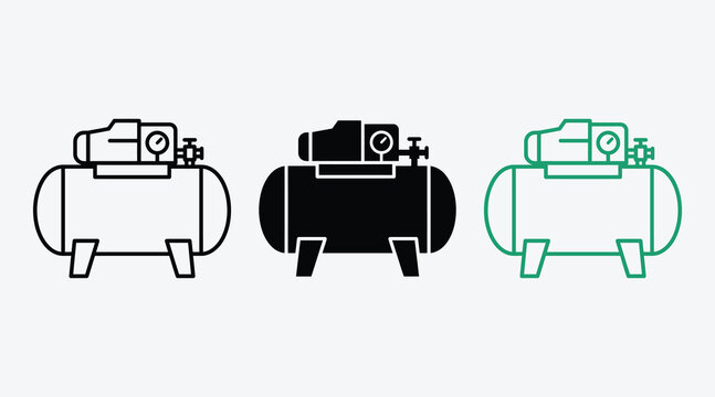 Air compressor unit icons for industrial use in black and green outline and solid graphic design styles