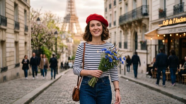 elegant french woman wearing beret posing near the eiffel tower