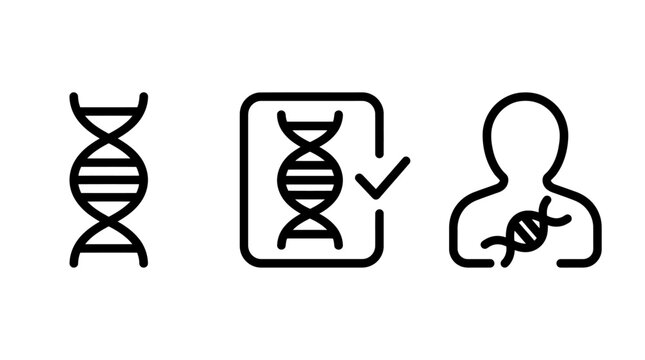 Dna analysis and genetic testing line icon set with genetics analysis research genotype molecule structure biotechnology laboratory discovery diagnostic healthcare technology biometric