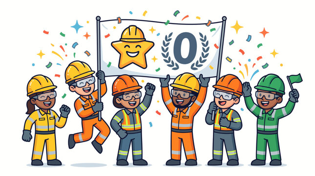 Construction team celebrates achieving zero accidents on a project site with a large festive banner.