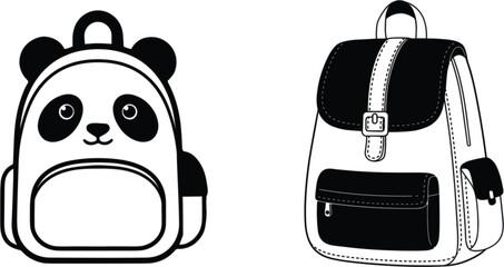 Cute backpack illustrations, panda school bag and classic travel backpack designs for kids vector collection isolated © Ara
