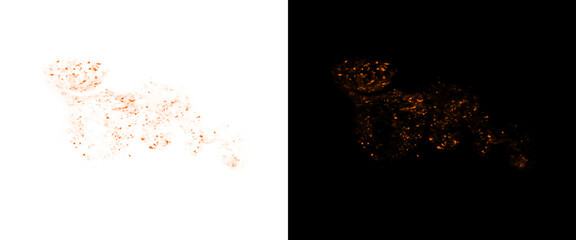Abstract leopard silhouette made of orange particles, glowing wild cat predator shape on black and white backgrounds, creative animal particle art © Transparent Studio