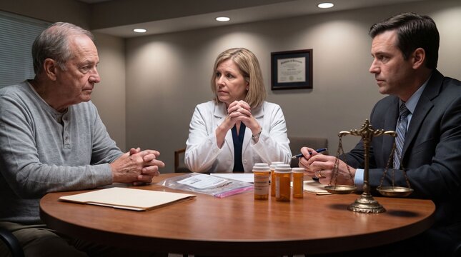 Three people at a table with documents and coffee in a legal consultation, suggesting medical malpractice review, patient claim, and attorney advice.