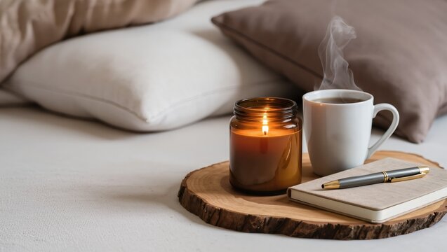 Cozy Morning Coffee and Notebook Mockup on Bed Tray