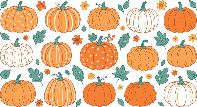 Cute Autumn Pumpkin Sticker Set with Varied Orange and White Gourd Patterns Flowers and Leaves for Thanksgiving Fall Season Seamless Fabric Prints Vector