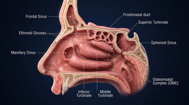 A detailed anatomical illustration of a human nasal cavity with labeled sinuses and turbinates.