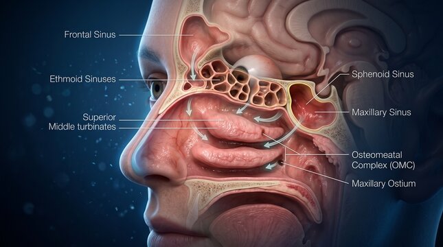 A detailed illustration of the human head showing the anatomy of the sinuses and nasal cavity