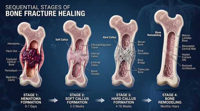 An infographic showing the sequential stages of bone fracture healing, including hematoma formation, soft callus formation, hard callus formation, and bone remodeling.