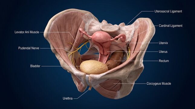 A detailed anatomical illustration of the female pelvic organs and muscles with labeled parts.