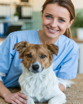 Smiling Veterinarian with Dog in Clinic