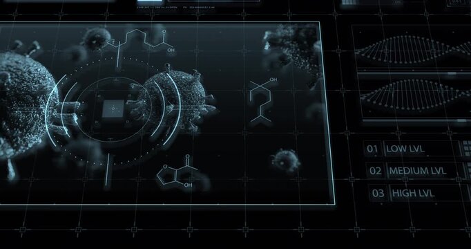 A wide futuristic medical dashboard shows patient records, virus models, DNA strands, and molecular data across glowing panels.