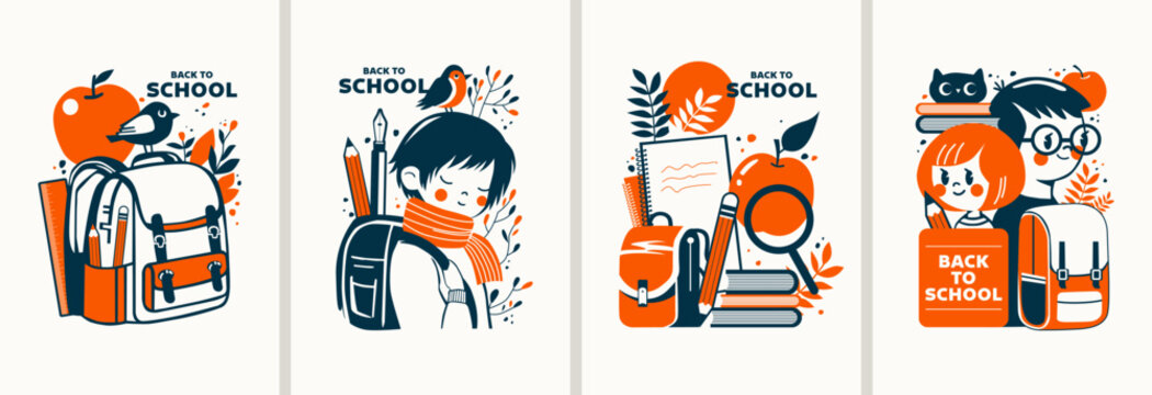 Bright retro posters in vintage style on the theme of the school. Creative prints depicting school stationery, schoolchildren, apples, books and funny animals.