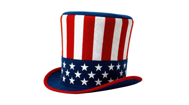 Patriotic uncle sam top hat with american flag stars and stripes pattern isolated on transparent background