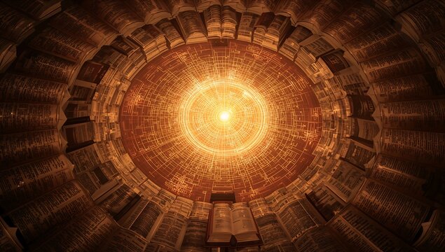 Generative AI depicting a concentric library with glowing center in warm tones