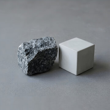 Rough diorite rock next to smooth geometric prop for luxury product mockup and ecommerce banner