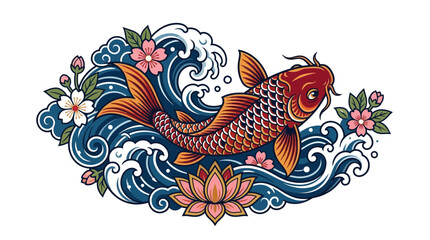 Japanese Koi Fish Swimming in Waves with Cherry Blossoms and Lotus Flower © Endang