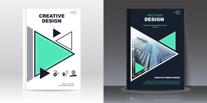 Abstract folder layout. Business brochure cover design green-black, A4 format, information frame text. Title page. Creative flyer advertising font. City view banner Green triangle. Vector illustration