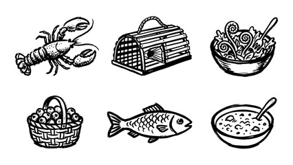 Hand drawn coastal seafood and local food vector icons set featuring lobster trap fish fiddlehead salad berry basket and chowder bowl © Sahabat