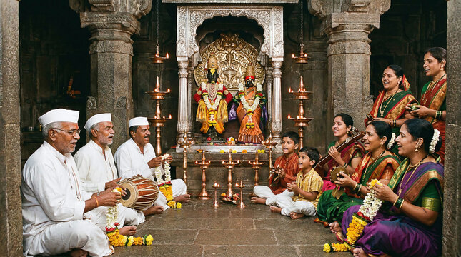 A heartwarming scene of an Indian family singing devotional bhajans inside a stone temple of Lord Vitthal and Goddess Rakhumai, filled with spiritual harmony.