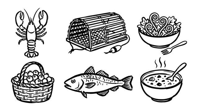 Hand drawn vector illustration set of seafood and coastal food icons including lobster fish trap soup salad and berry basket