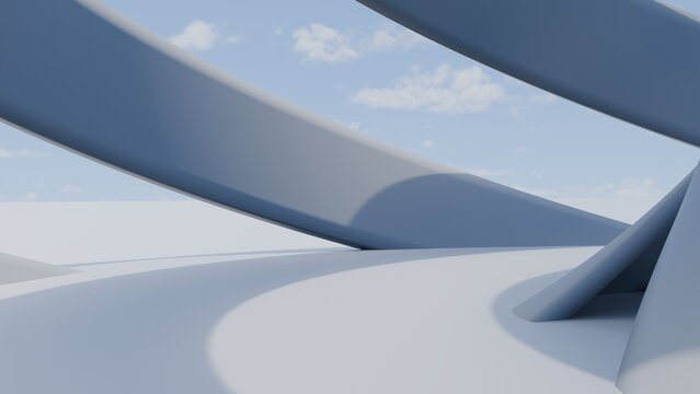 Minimalist modern abstract building, white futuristic background featuring dynamic overlapping curved arches under blue sky