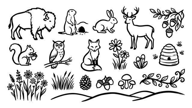 Woodland animals and forest nature elements vector line art illustrations set featuring deer fox owl bison squirrel and flowers