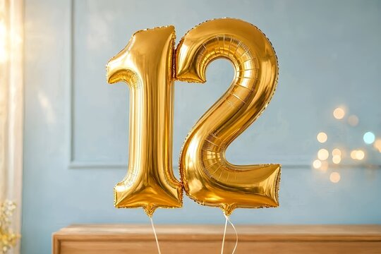 Shiny gold foil balloons forming the number 12 on a soft blue background, creating a festive and elegant decoration for birthdays, anniversaries, milestones, and celebration events