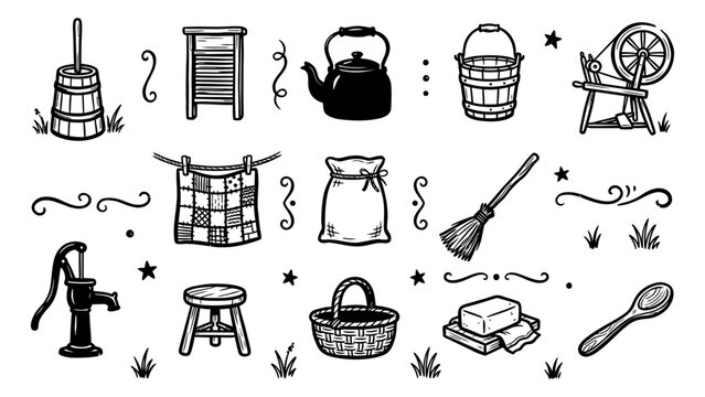 Rustic vintage household chores and pioneer life vector illustrations set with washboard spinning wheel butter churn and water pump