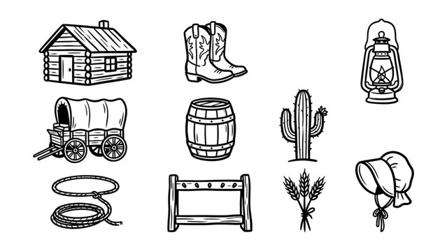 Wild West and pioneer life vector icon set featuring log cabin cowboy boots covered wagon barrel cactus and lantern