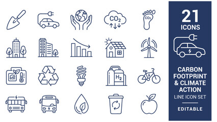 Fototapeta premium Carbon Footprint and Climate Action Outline Icon Set with 21 Editable Line Icons
