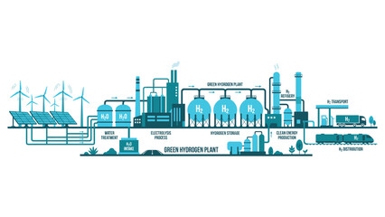 Fototapeta premium Green Hydrogen Production Plant and Renewable Energy Refinery Vector Silhouette