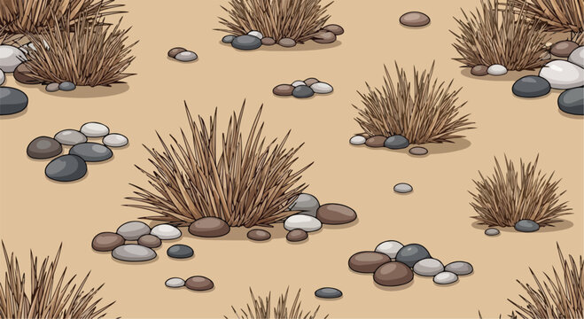 Desert landscape seamless pattern with dry grass and river stones, arid ground vector background, brown tumbleweed and pebble texture