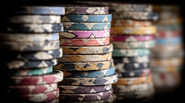 Close-up of Colorful Worn Poker Chips Stacked in Row