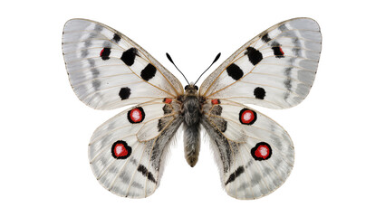 Isolated delicate mountain Apollo butterfly with patterned white wings and vibrant spots © Conor