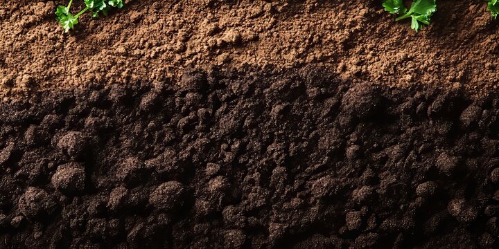 Vertical split background of dark loamy soil and light dry granulated texture with organic leaves.