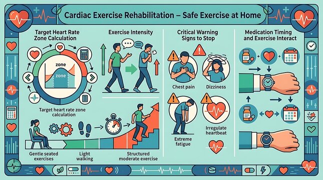 Cardiac rehabilitation infographic for safe home exercise