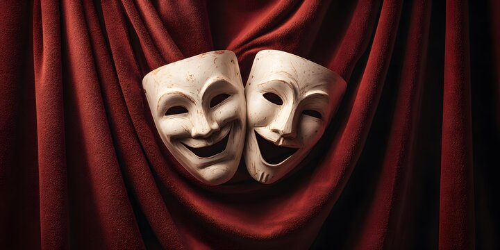 Theater masks of comedy and tragedy behind red velvet curtains.