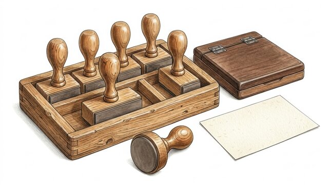 Vintage stamp set with wooden handles and storage box watercolor illustration