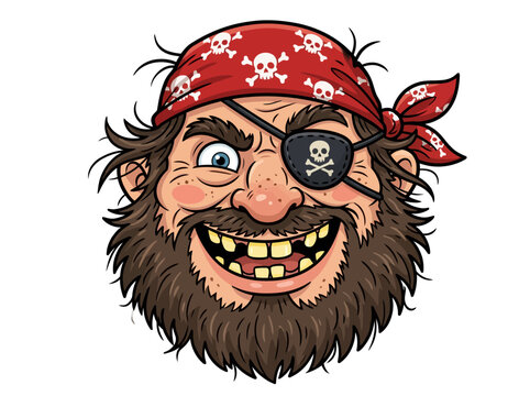 Cartoon illustration of a grinning pirate head with a bandana and eyepatch.